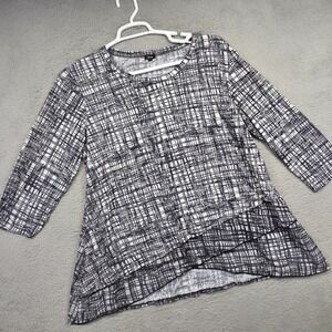 Shana Top Womens‎ L Black White Abstract Crinkle Wearable Art Flowy Tunic Hi Low
